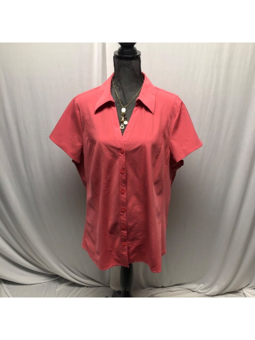 Style and Co Blouse Womens Size 22W Stretch Button Down Coral Short Sleeve Top